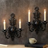 Gothic Wall Candle Sconces Set of 2 - Metal, Black | Indoor Wall Decor for Living Room, Bedroom, Dark academia decor with rustic matte black finish