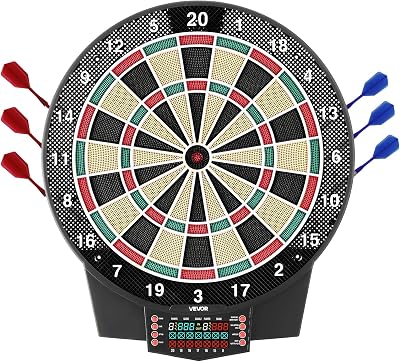 Cible de fléchettes électronique, 391 mm, Planche à fléchettes avec 43 Jeux et Plus de 320 Variantes pour jusqu'à 8 Joueurs, 6 tiges de fléchette avec ailettes et 50 Pointes, écran LCD Couleur