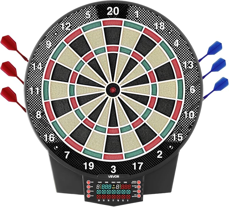 Cible de fléchettes électronique, 391 mm, Planche à fléchettes avec 43 Jeux et Plus de 320 Variantes pour jusqu'à 8 Joueurs, 6 tiges de fléchette avec ailettes et 50 Pointes, écran LCD Couleur