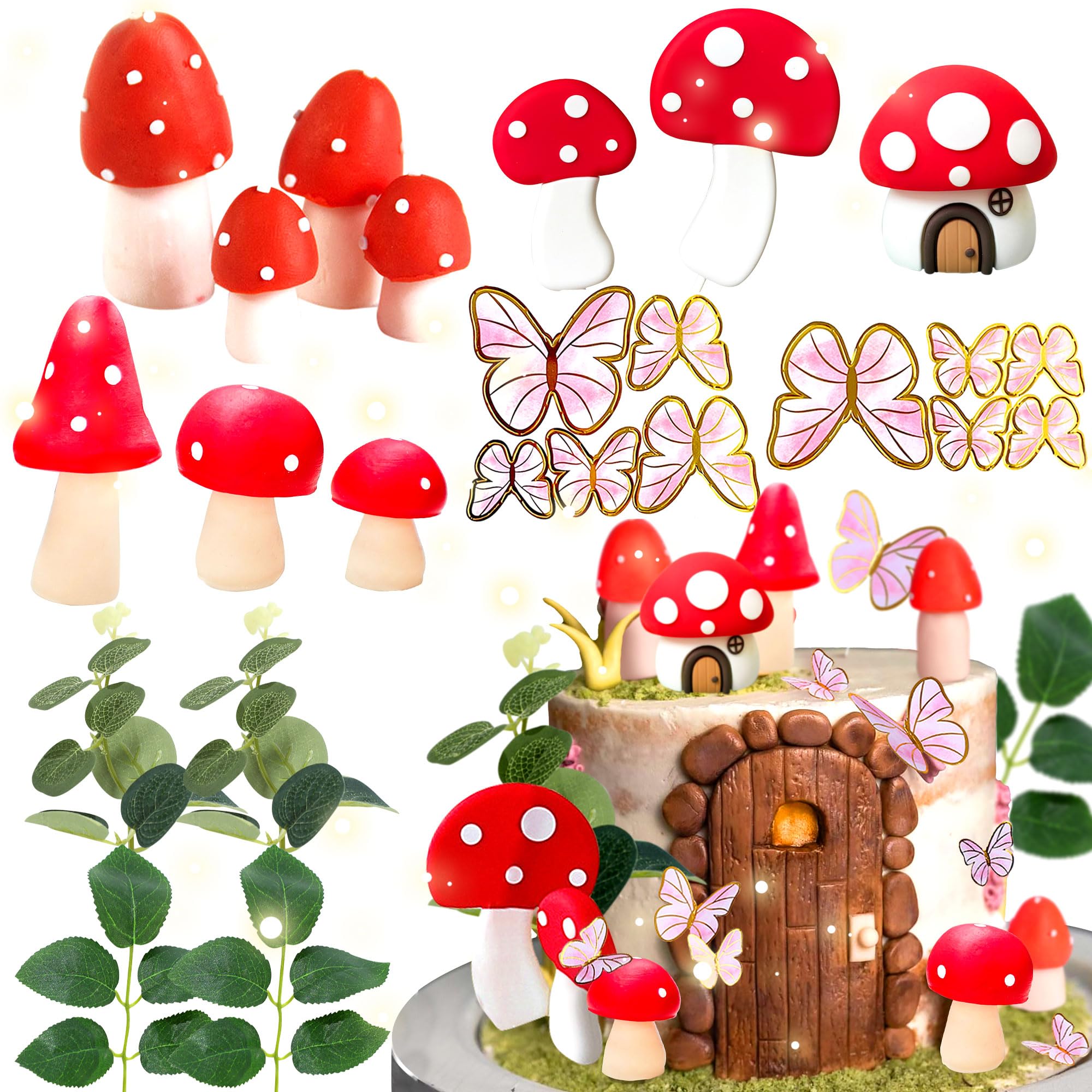 JeVenis Red Mushroom House Cake Decoration Mushroom Cake Decorations Fairy Cake Decorations Garden Fairy Cake Decoration Fairy Party Supplies Fairy Party Favors