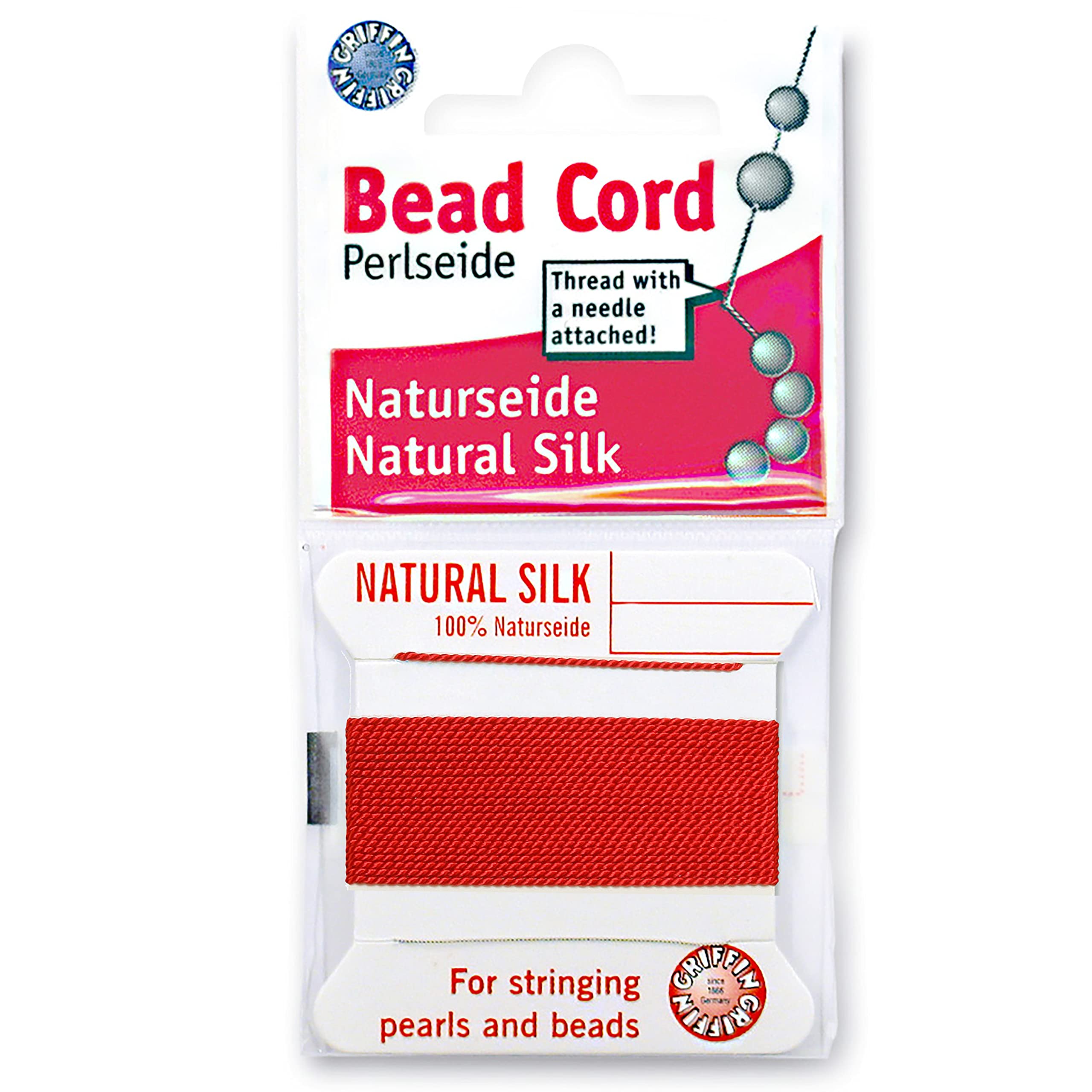 Griffin Silk Bead Cord Perlseide – Red Color – Size 16 (1.05mm) – 2 Meters per Card – Stainless Steel Needle Attached – for Knotting Pearls, Gemstones, Crystals and Beads