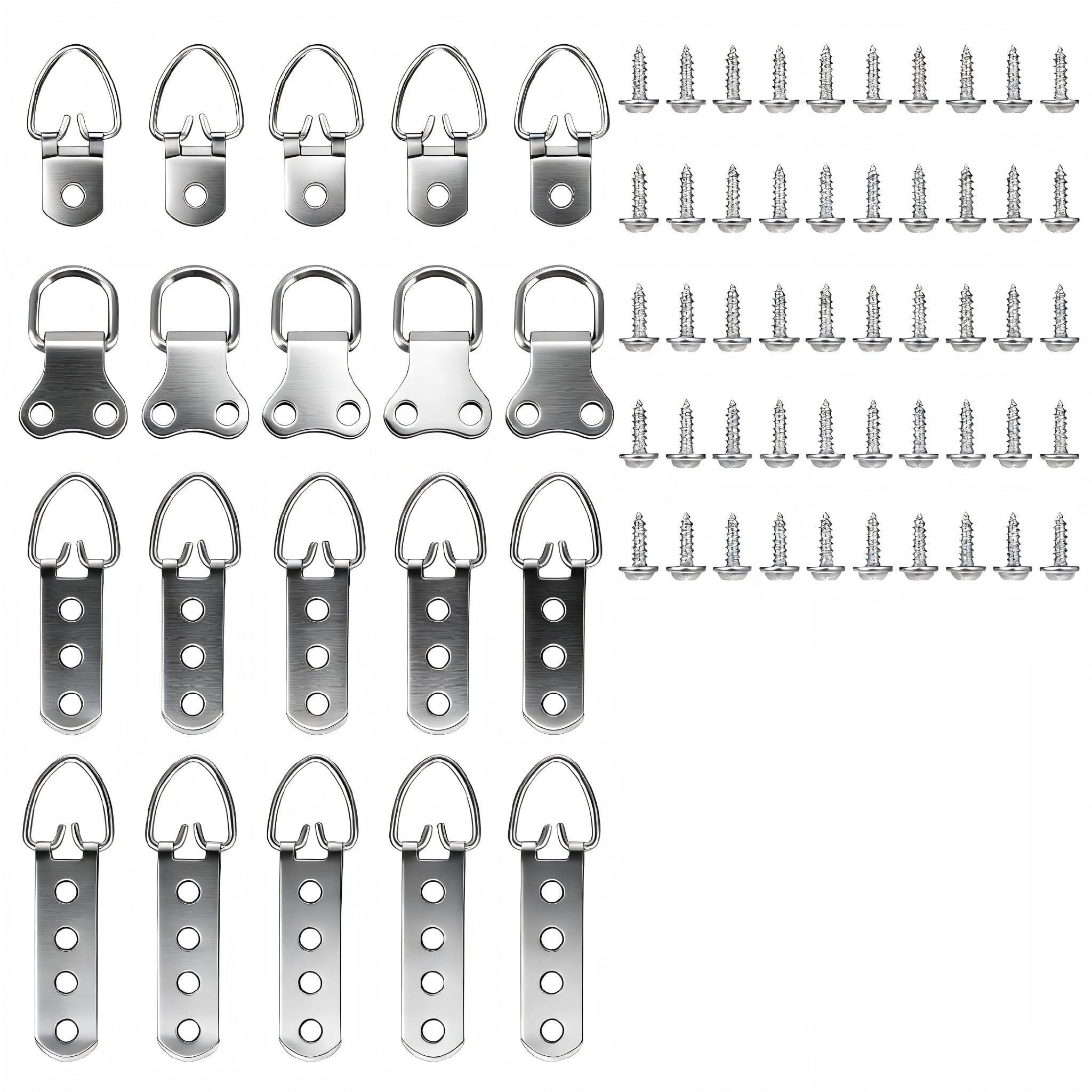 20 Pack D Ring Picture Hangers: 20 Heavy Duty Hanging Hooks with 50 Screws, Strong Mixed-Size Picture Frame Hanging Rings for Photo Frames, Mirror, Wall Art (1/2/3/4 Holes)