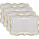 Gift Boutique 10 White Rectangle Trays with Gold Rim Border for Dessert Display Table Parties 9" X 13" Disposable Paper Cardboard in Elegant Shape for Platters Cupcake Display Birthday Party Weddings