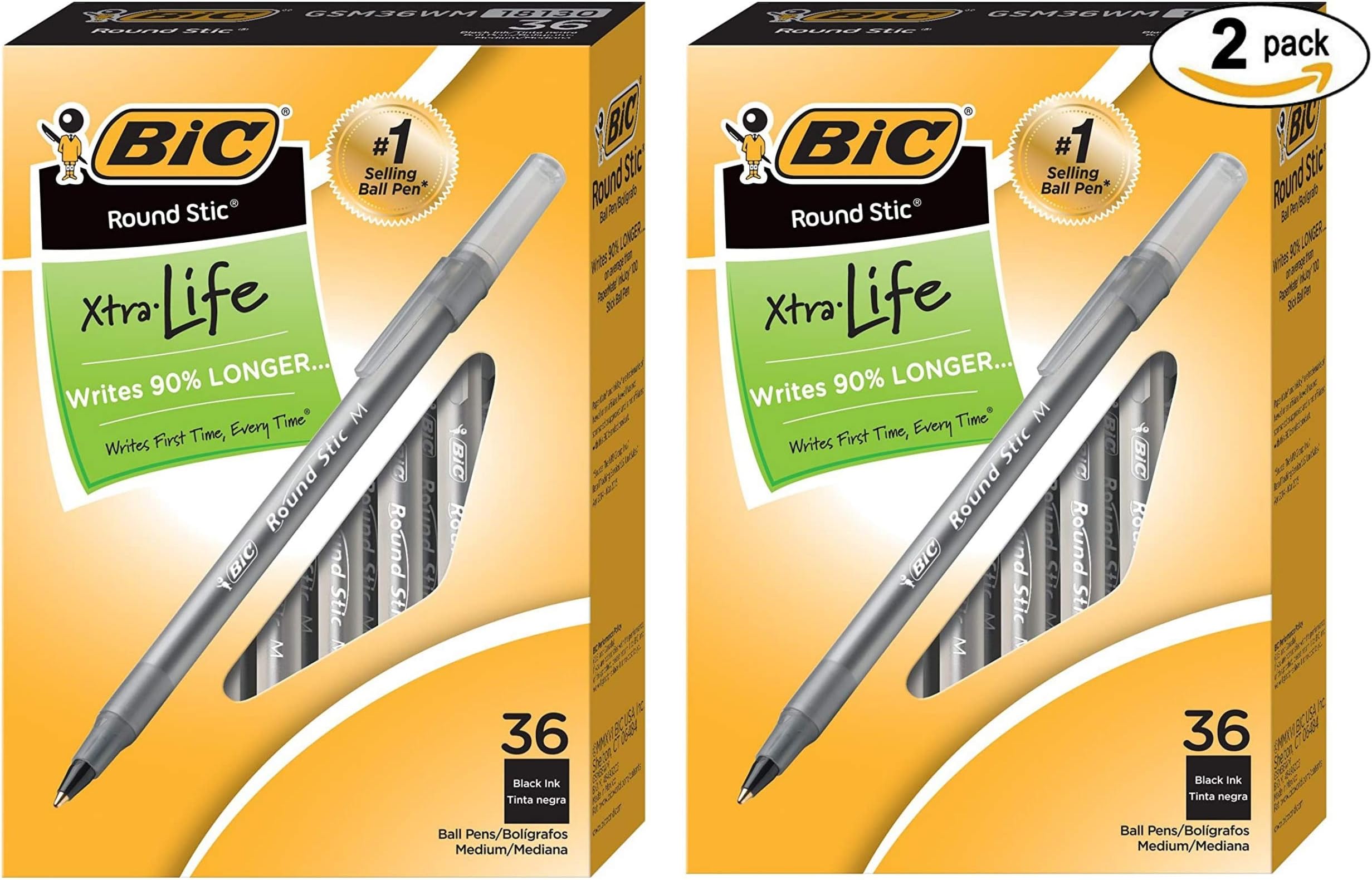 BIC Round Stic Xtra Life Ballpoint Pen, Medium Point (1.0mm), Black, 36-Count - 2 Pack