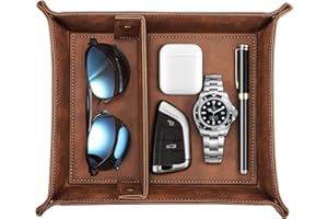 SITHON Valet Tray Desktop Storage Organizer, Removable 2 Compartments Catchall Tray Bedside Vanity Nightstand Caddy Holder Desk Storage Plate, Brown