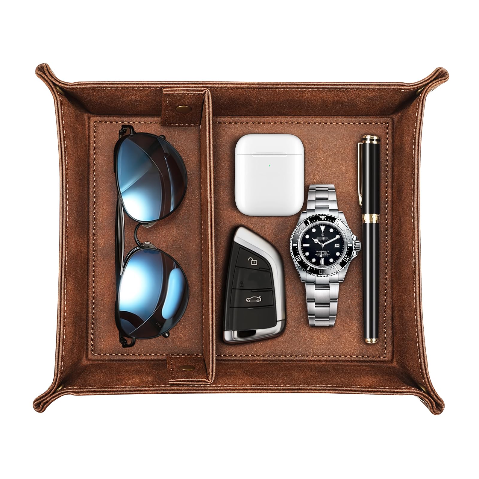 SITHON PU Leather Tray, Desktop Storage Organiser with 2 Compartments– Catchall Tray Bedside Vanity with Removable Dividers, Store Keys, Wallet, Phone, Glasses, Coin, Jewelry (Brown)