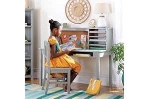 Guidecraft Kids Media Desk and Chair Set - Gray: Kids Table and Chair Set, Student's Computer Workstation, Study Desk with Hutch and Storage Shelves | Kids' Wooden Bedroom Furniture Set