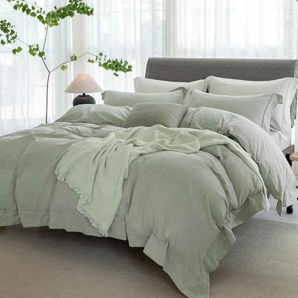 ELIMMO COOLING KING DUVET COVER SET 3 PIECES-100% WASHED COTTON WITH CHIC WIDE TRIM DESIGN LINEN LIKE TEXTURED ULTRA SOFT COZY BEDDING WITH ZIPPER CLOSURE(HEMMED SAGE GREEN,KING 104″X90″)