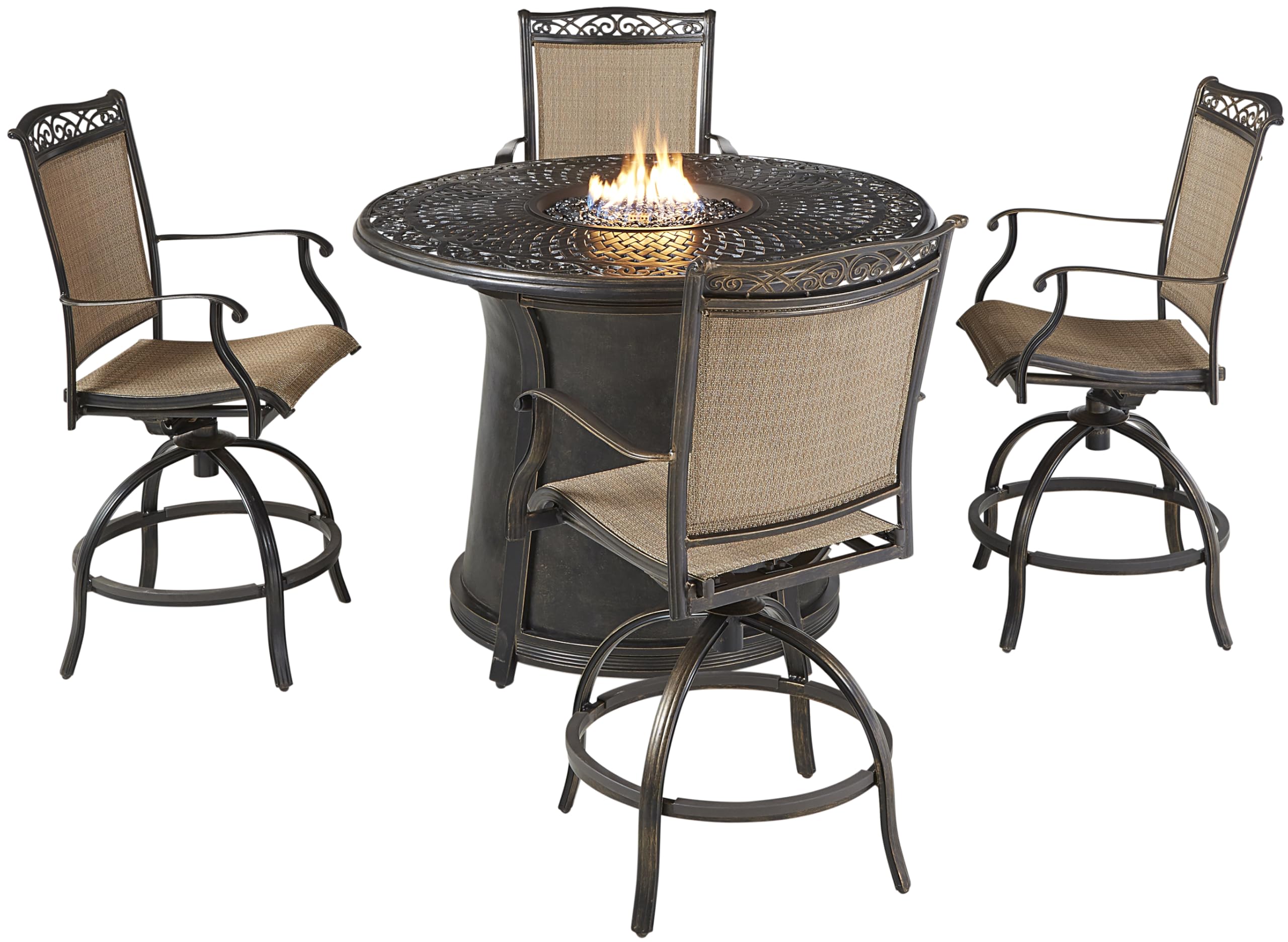 Hanover Fontana 5-Piece Outdoor High-Dining Fire Patio Set, 4 Sling Swivel Counter-Height Chairs and 48″ Round Gas Fire Pit Cast Aluminum Table, Brushed Bronze Finish, Rust-Resistant, All-Weather