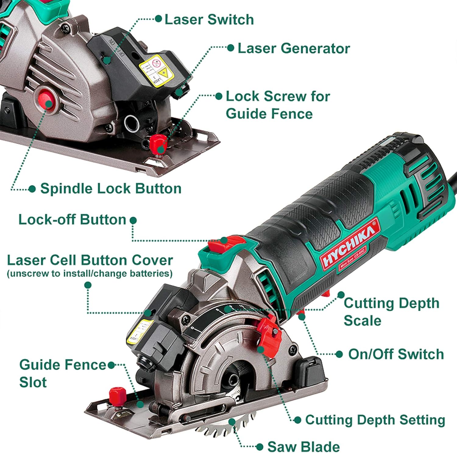 Mini Circular Saw, HYCHIKA Compact Circular Saw Tile Saw with 3 Saw Blades 4A Pure Copper Motor, 3-3/8”4500RPM Ideal for Wood, Soft Metal, Tile and Plastic Cuts, Laser Guide, Scale Ruler - - 