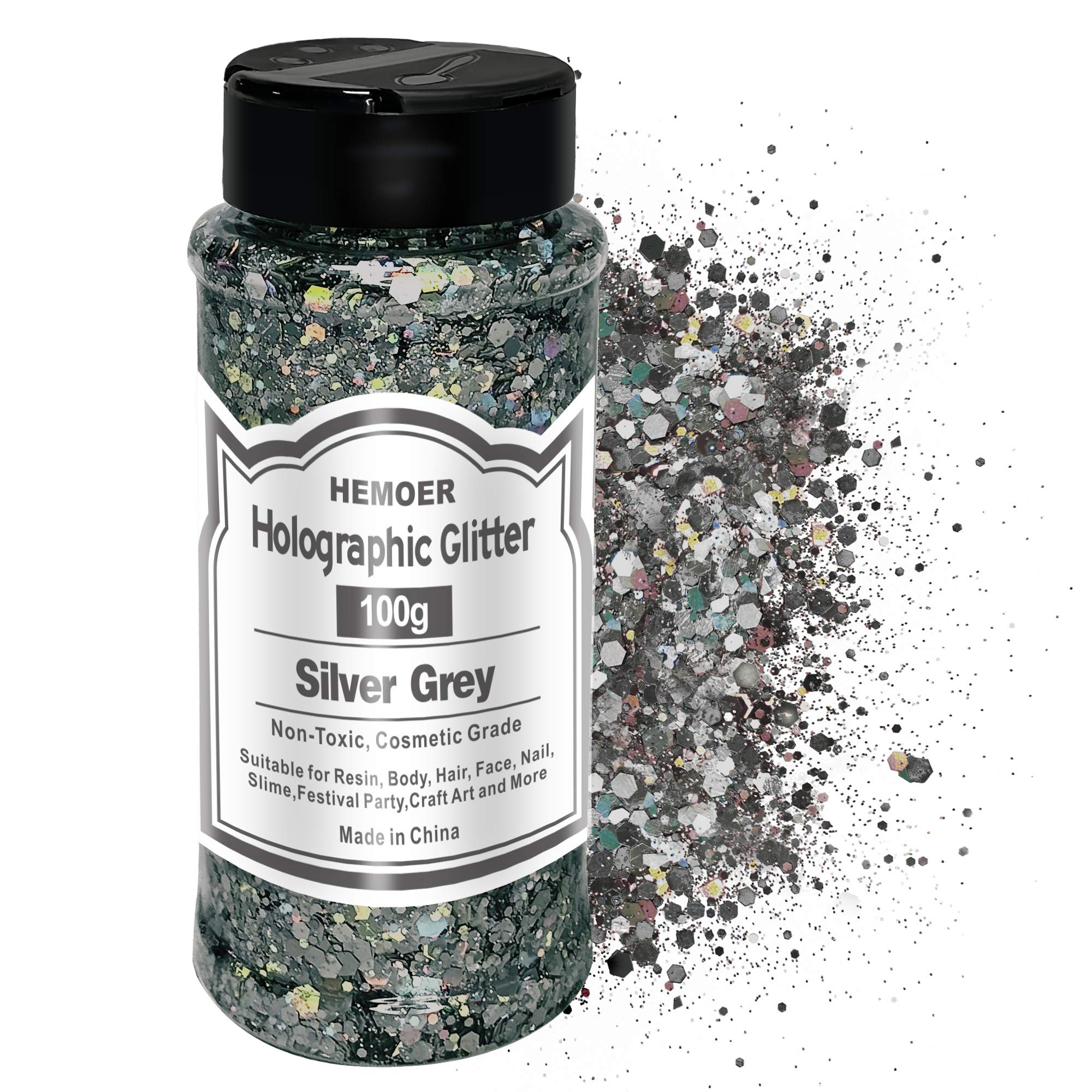 HEMOER Silver Grey Glitter, 100g/3.5oz Holographic Chunky Glitter Mixed Hexagon Chunky & Fine Flakes Iridescent Sequins for Epoxy Crafts, Resin, Nail Body, Tumblers, Festival Party