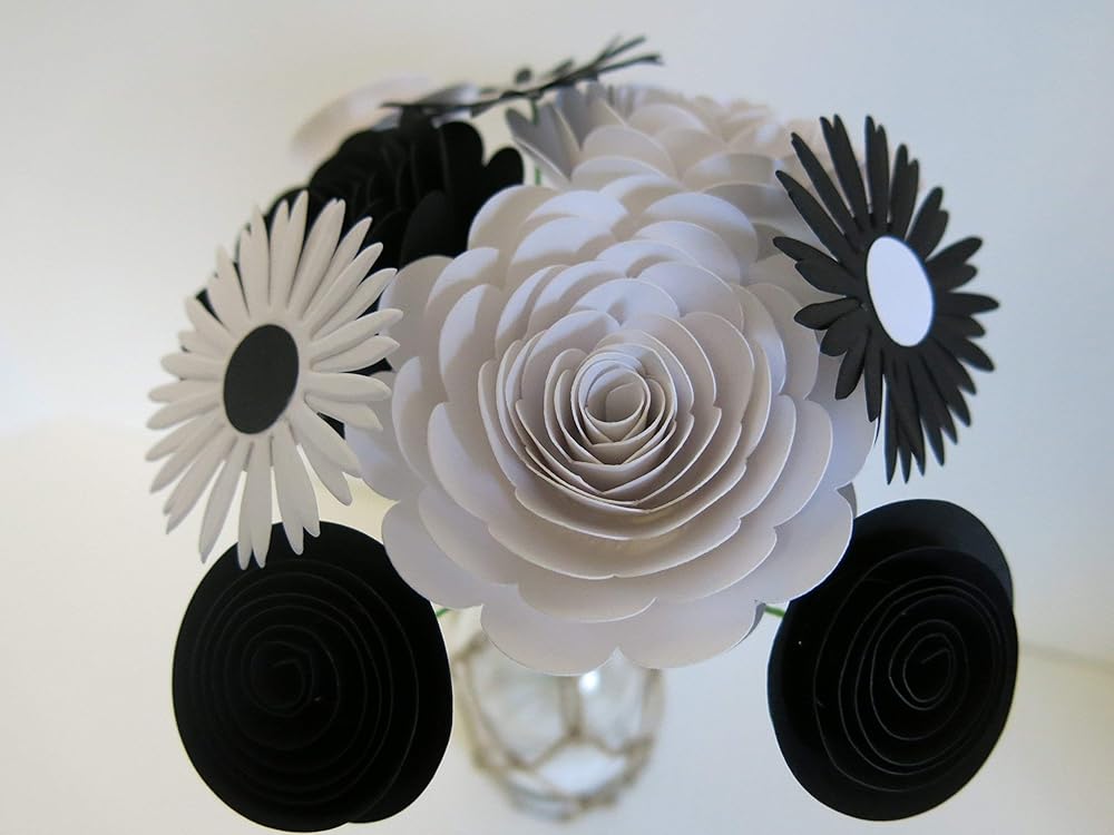 Classic Black and White Flower Bouquet 9 Paper Flowers on