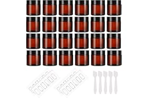 MCUPPER 24 Pack 2oz Amber Glass Jars with Black Lids, Round Empty Containers for Scrubs, Lotions, Cosmetic, and Ointments, Travel Storage Jar with White Inner Liners, lables and Spatulas