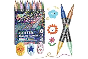 24PCS/48Colors Glitter Effect Brush Markers, Dual Tip & Dual Color Glitter Gel Pens Set, Quick-drying Metallic Sparkle Marker