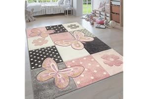 PACO HOME Kids Room Rug Pastel Colors Butterflies Check Pattern Spots Flowers Colourful, Size:2'8" x 4'11"