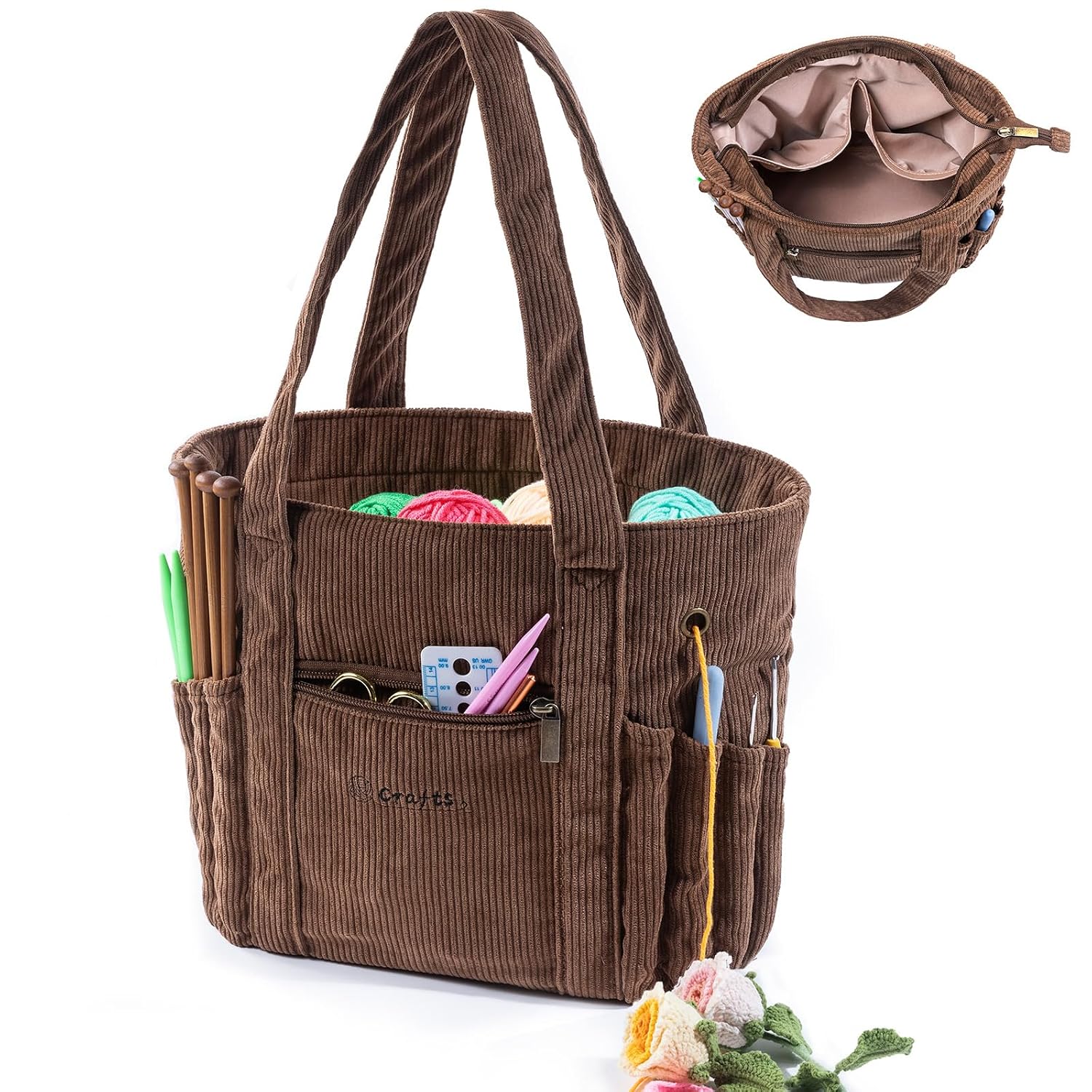 Large Yarn Tote Organizer – Corduroy Knitting Storage Holder for Yarn, Hooks & Accessories, Portable Craft Carryall for Croch