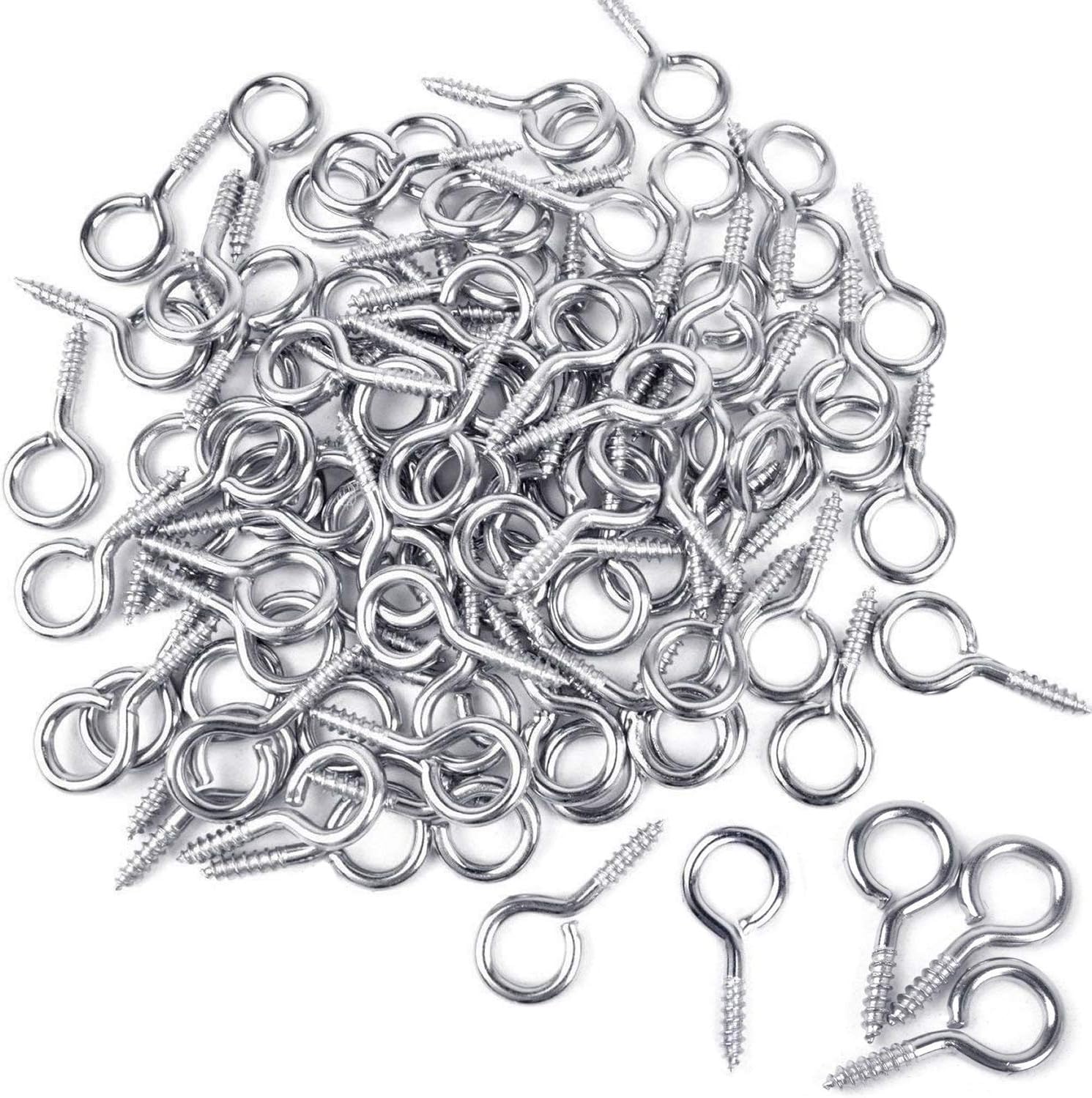 BronaGrand 100 Pieces 1 inch Eye Hooks Small Screw Eyes Metal Eye Shape Screw Hooks Self-Tapping Screws Hooks Ring, Silver