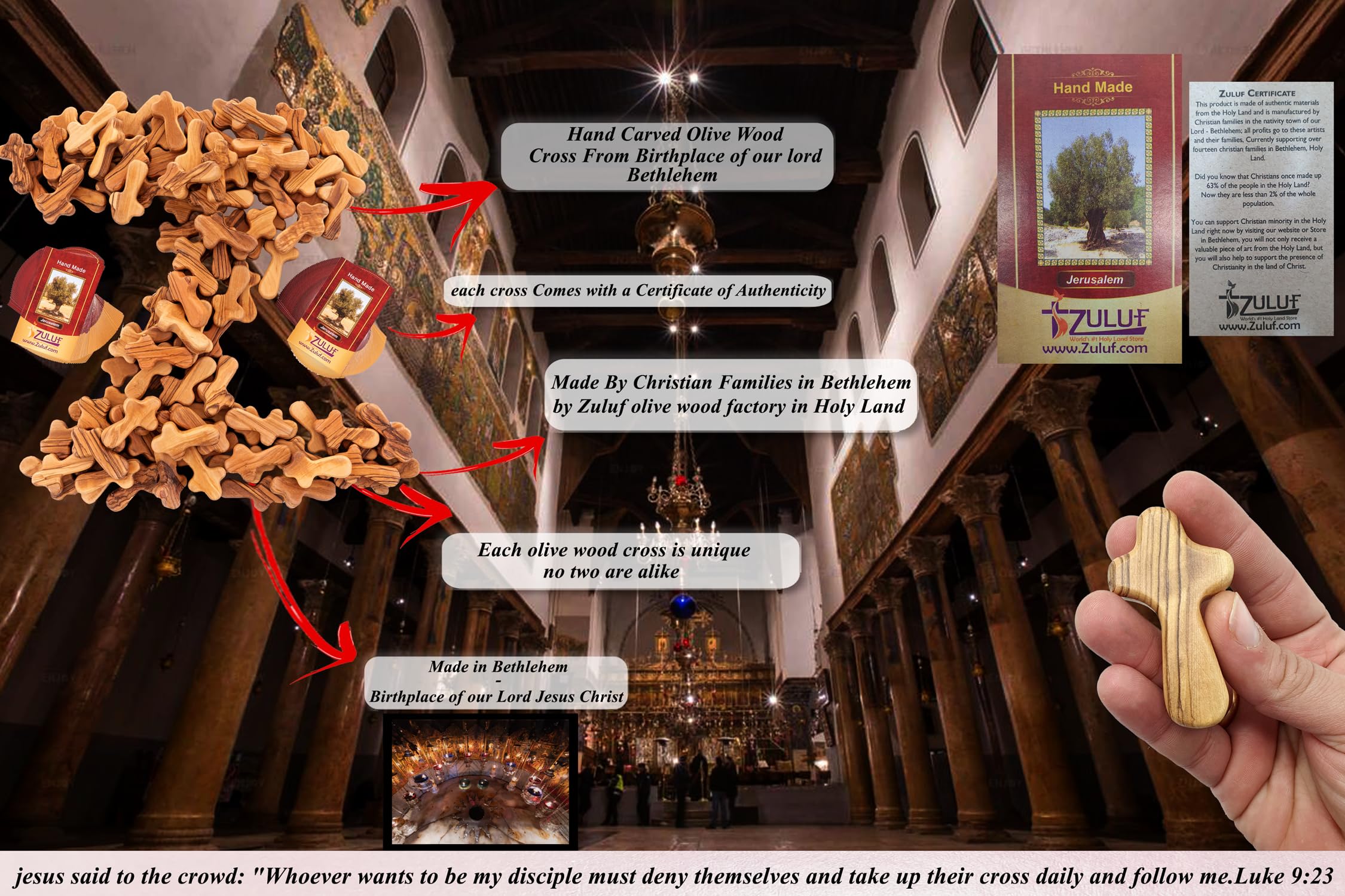 Zuluf 100 Small Olive Wood Comfort Crosses from Bethlehem Israel | Pocket Holding Crosses | Comes With 100 Holy Land Certificates 6cm / 2.5 Inch Each Cross - CRS301