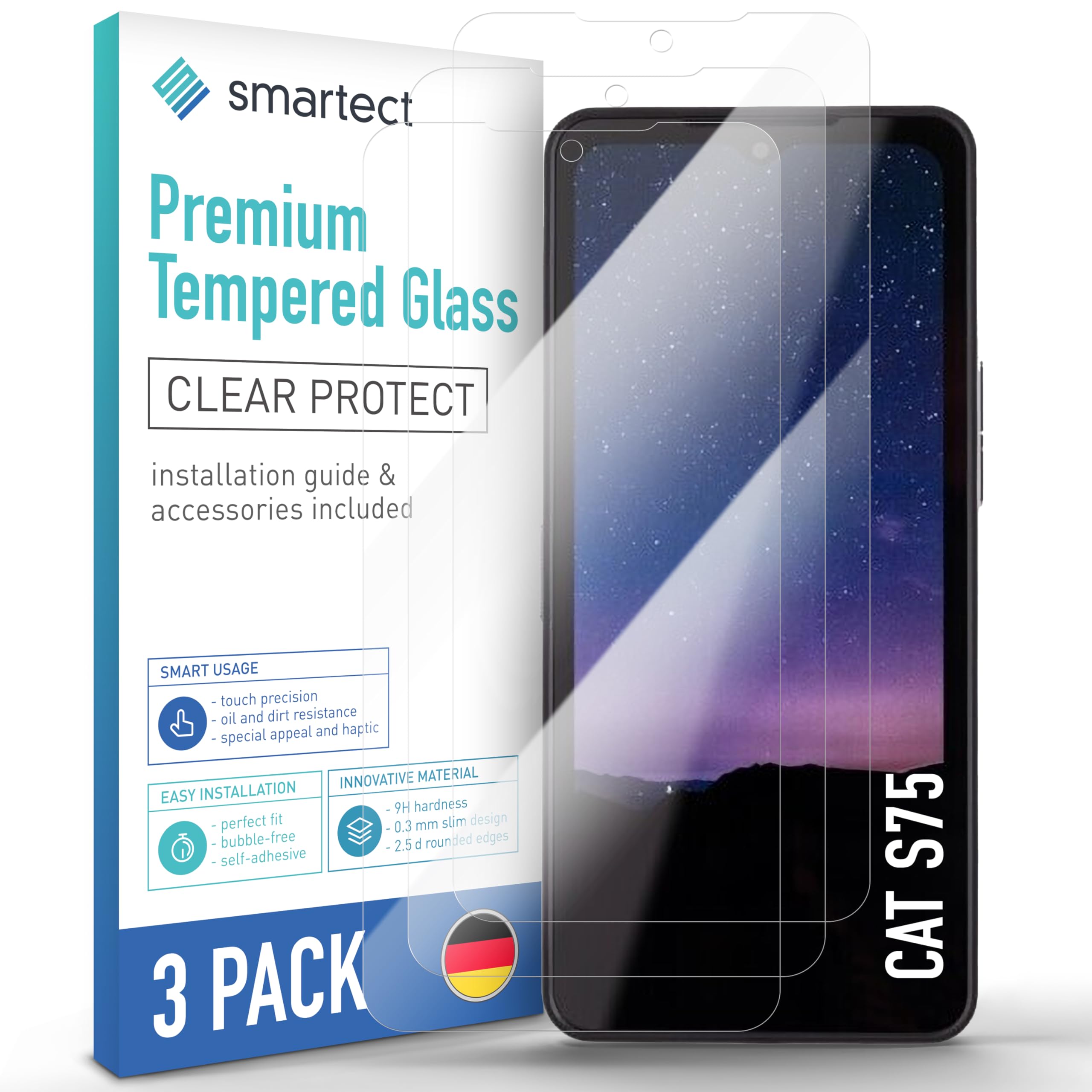 smartect Glass Screen Protector [3 Pieces, Ultra-Clear] for CAT S75, HD Protective Film Anti Scratch, Bubble Free, 9H Hardness, Ultra Resistant