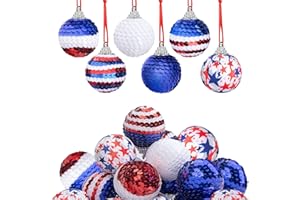 Deloky 24 Pcs Independence Day Sequin Balls Ornaments- 1.57 Inch 4th of July Patriotic Ornaments Hanging Balls- Red White Blue Tree Balls Ornaments for Memorial Day Veteran Day Tree Decorations