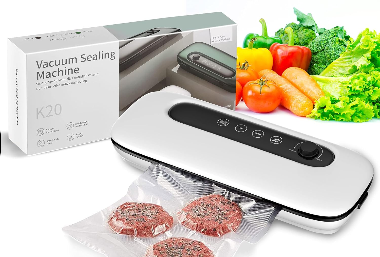 Vacuum Sealer Machine, Automatic Vacuum Air Sealing System For Food Preservation,60KPA Strong Suction,Dry&Moist Food Modes(White)