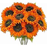 Mutcolor 10 Pcs Sunflowers Artificial Flowers with Long Stems Silk Fake Large Sunflowers Bulk Bouquet Fall Decorations for Outdoor Indoor Home Vase Table Wedding Party Garden DIY Decor (Orange)