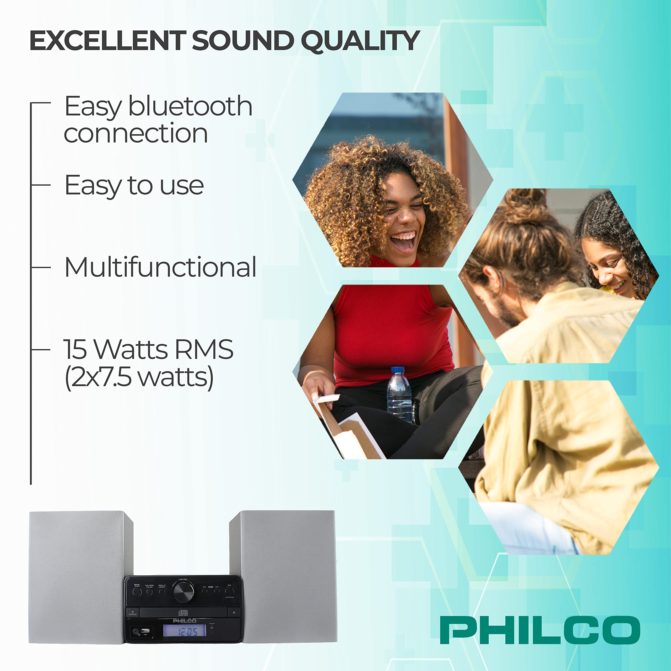 Philco Stereo Shelf Systems Tray Loading CD Player with Digital FM Radio, Bluetooth Streaming, Remote Control in Silver | LCD Display | 3.5mm Headphone Jack | MP3 & AUX Port Compatible | USB Input
