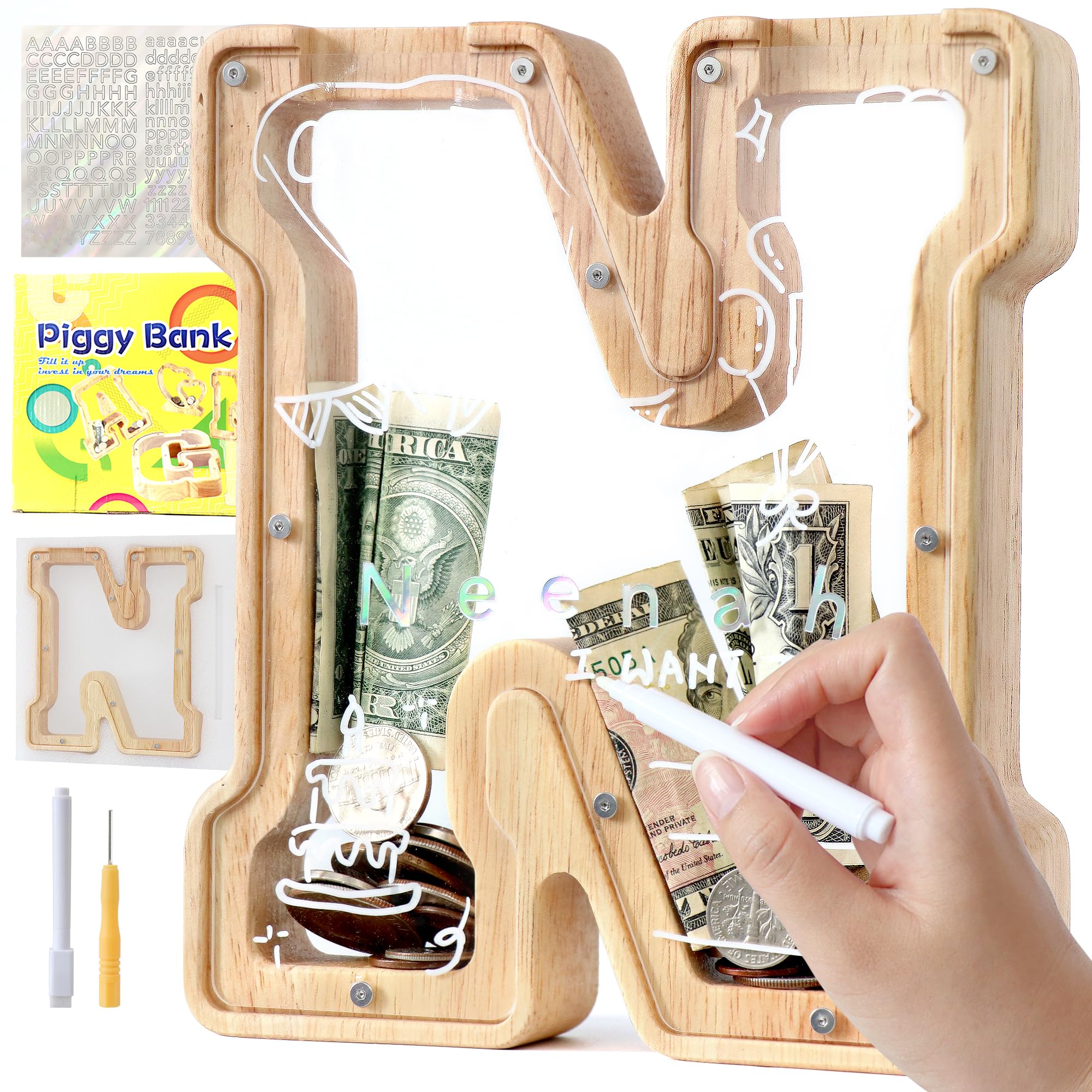 Mikytoper Letter Money Box for Kids Wooden Personalized A-Z Alphabet Piggy Bank Clear Money Bank Coin Bank for Gift Decoration Baptism (N)