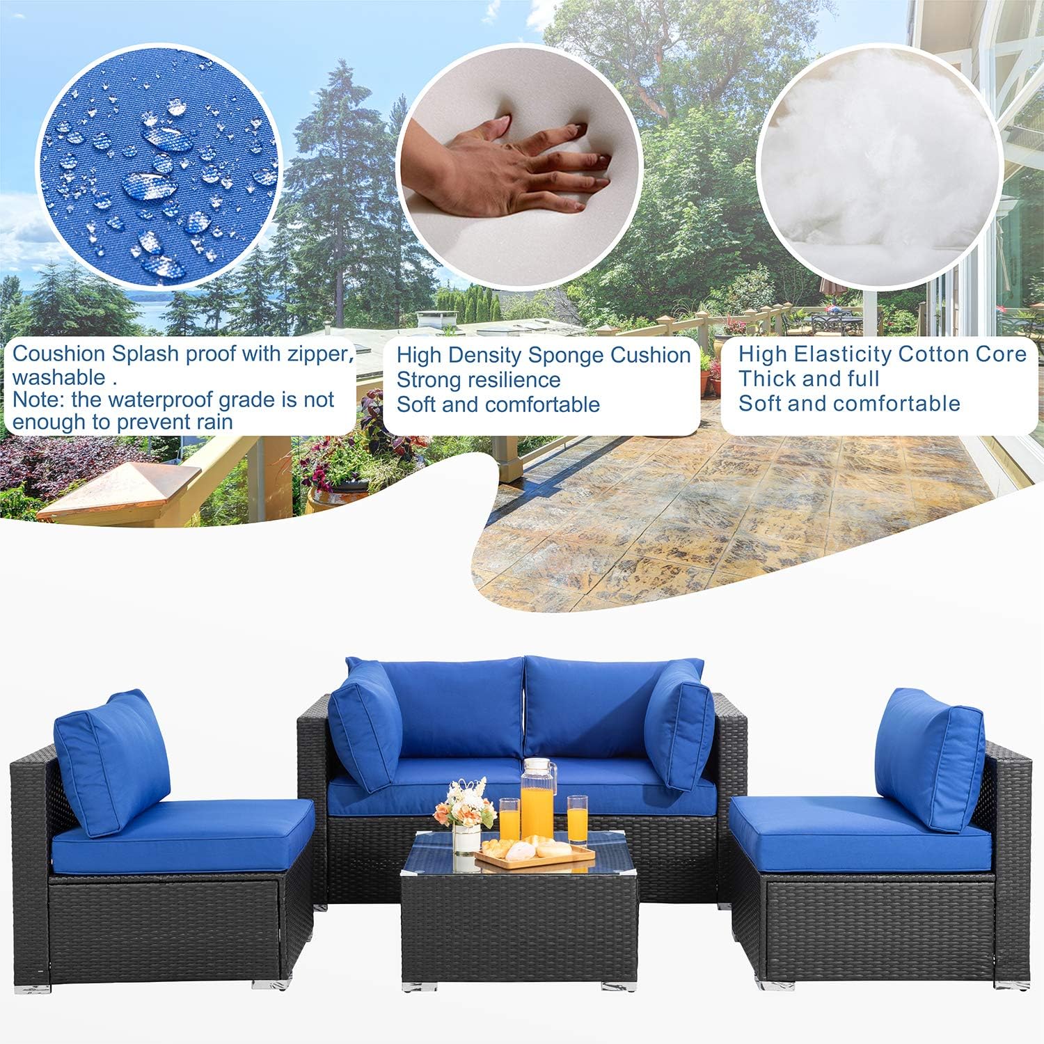 Shintenchi Outdoor Patio Furniture 5 Pieces Sets, All Weather PE Wicker Rattan Patio Conversation Sofa Set Tea Table&Washable Couch Cushions for Backyard Porch Lawn Garden Balcony (Dark Blue) : Garden & Outdoor