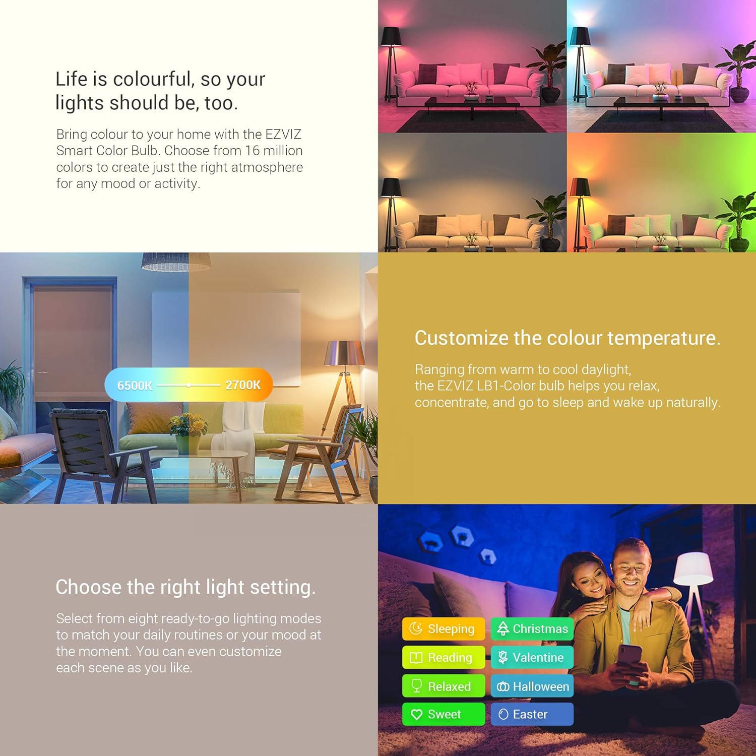 EZVIZ LB1 Colour Smart Dimmable LED Bulb with Timer Function, LED Lights with 8 Adjustable Modes, E27 Fitting, WiFi 2.4GHz - Image 4