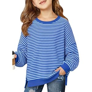 Haloumoning Girls Oversized Striped Sweatshirt Waffle Knit Pullover Tops | Kids Long Sleeve Sweatshirts, Crew Neck, Side Spli