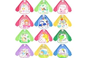 12 Pack Waterproof Kids Art Smocks, Toddler Art Smock Children Painting Aprons with Long Sleeve, Washable Bib for Eating 1-4 