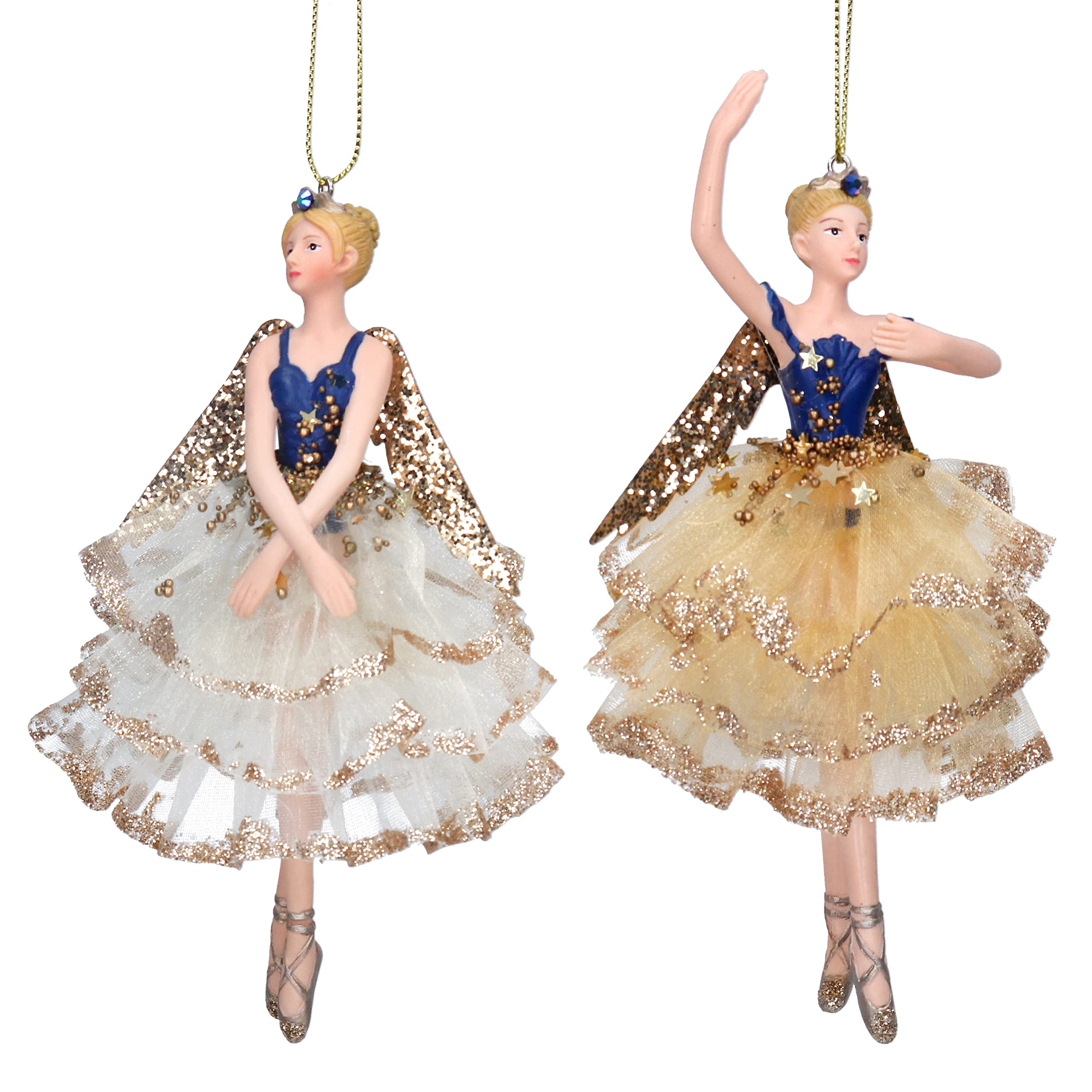 Gisela Graham Cream Blue & Gold Resin and Fabric 16 cm Fairy Decoration Set of 2