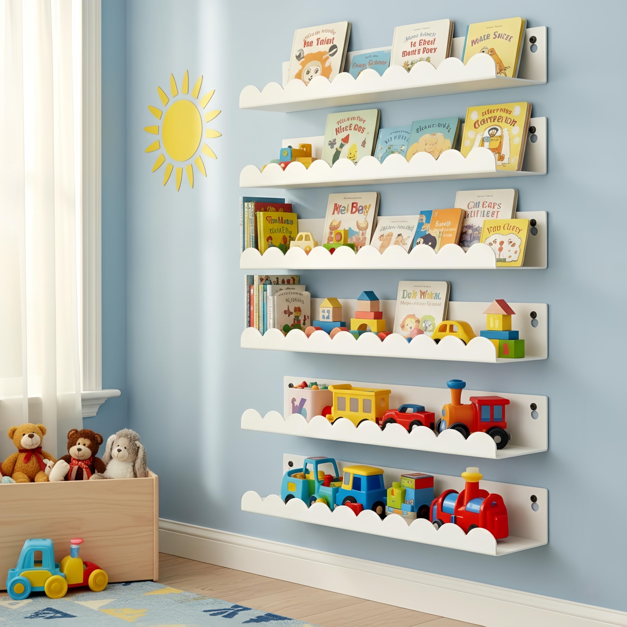 FESTLOVE Nursery Book Shelves Set of 6, White Metal Floating Shelves for Wall, 16 Inch Scalloped Book Shelf for Kids Room, Bathroom, Bedroom, Playroom Wall Decor & Storage