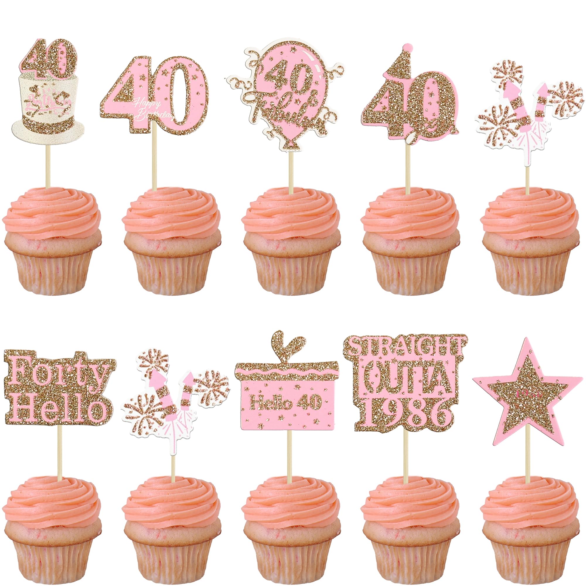 Gyufise 36Pcs Happy 40th Birthday Cupcake Toppers Glitter Rose Gold Forty Straight Outta 1986 Cupcake Picks 40 Fabulous Cheers to 40 Years Cake Decorations for 40th Birthday Party Supplies