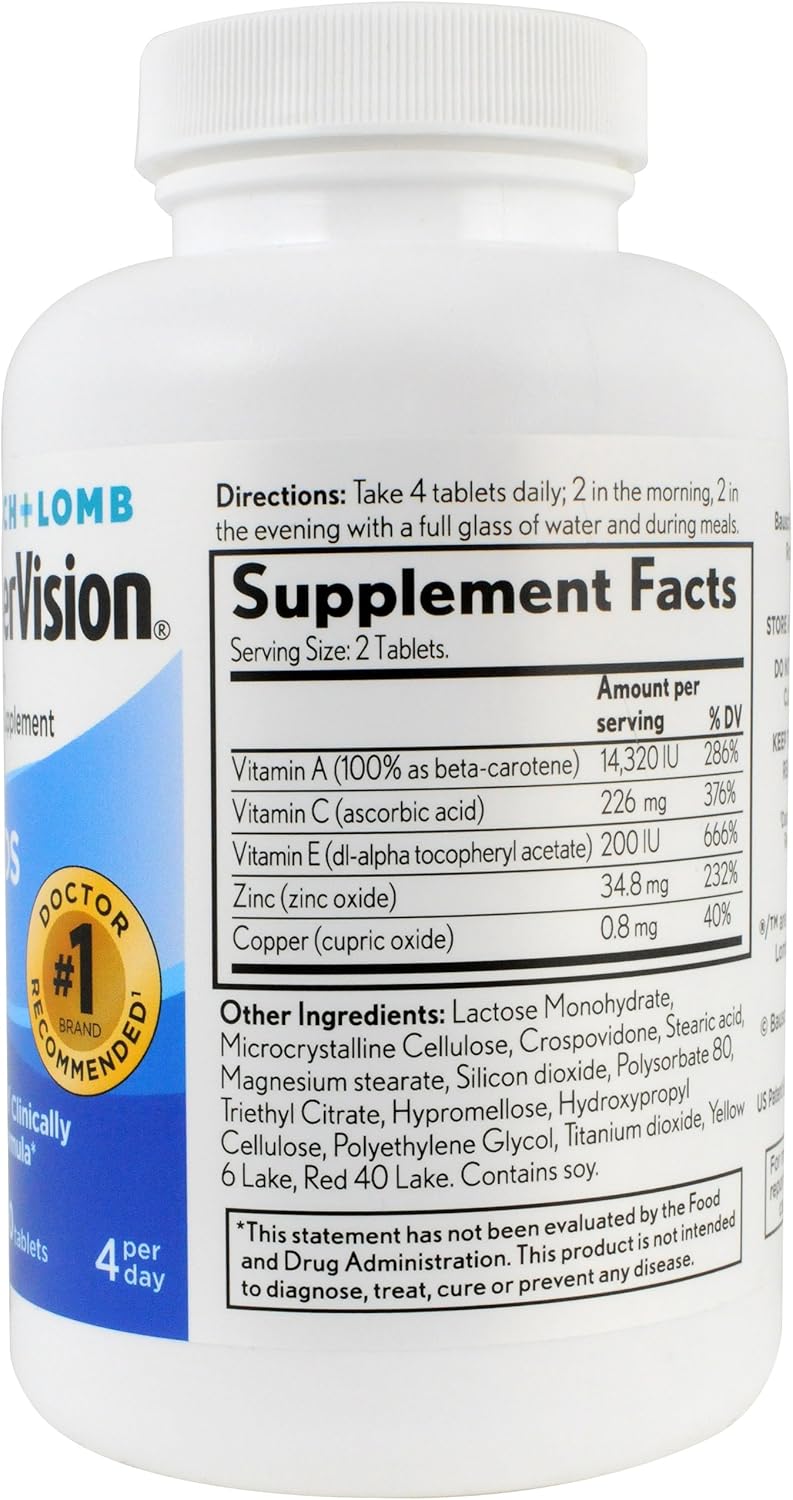 Bausch + Lomb PreserVision AREDS Eye Vitamin & Mineral Supplement Tablets, 240 Count Bottle: Health & Personal Care