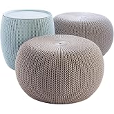 Keter Urban Knit Pouf Ottoman Set of 2 with Storage Table for Patio and Room D&eacute;cor - Perfect for Balcony, Deck, and Outdoor Seating, Misty Blue &amp; Taupe