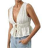 MakeMeChic Women's Tie Front Tank Top Sleeveless Ruffle Hem Crop Going Out Tops