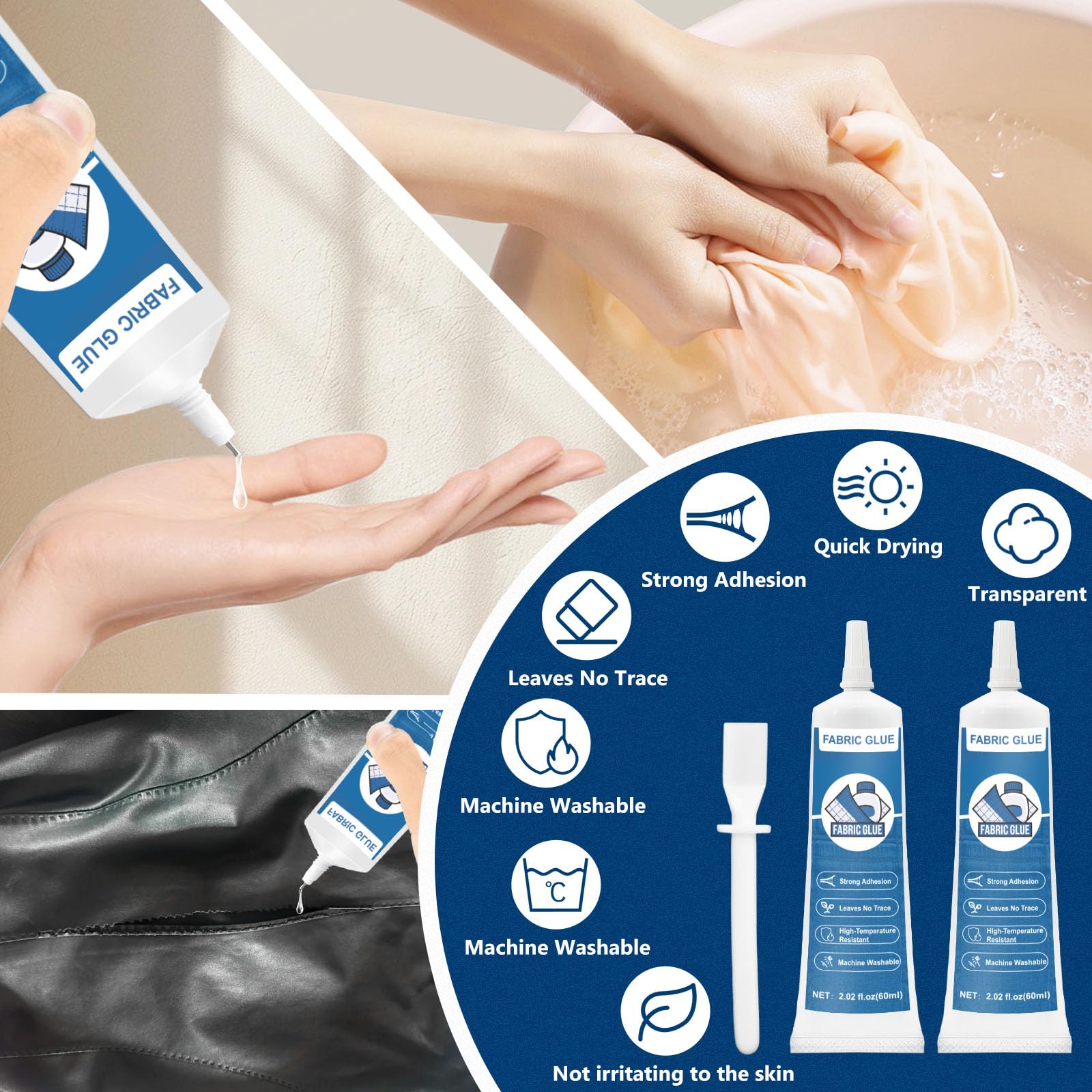 120 ml Stoffkleber Textilkleber Waschmaschinenfest, für Textilien Stoffe Polyester Jeans Baumwolle, Textilkleber extra stark, transparent & wasserfest ohne Rückstände 2