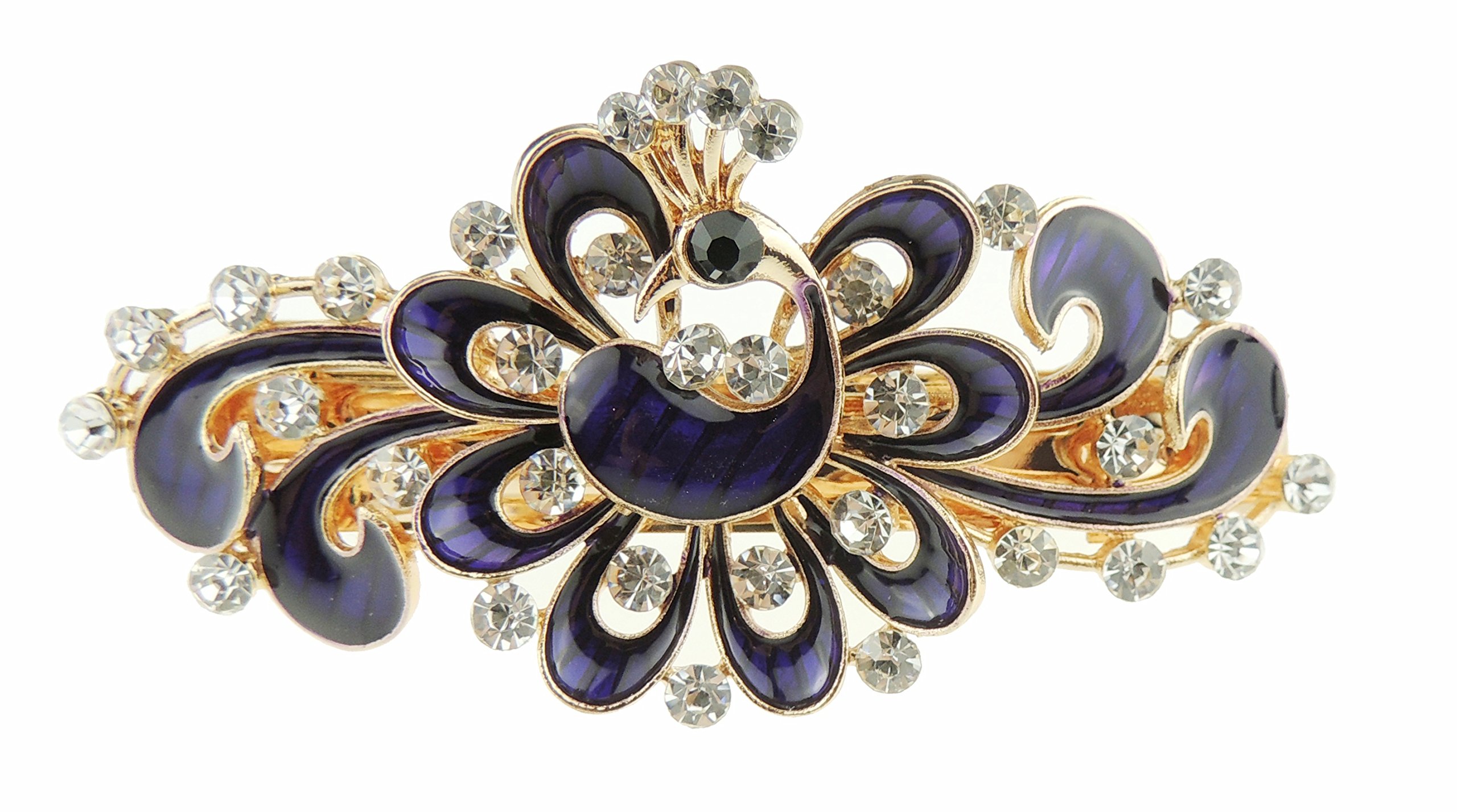 Womens Girls Crystal Rhinestone Diamante Wedding Birthday Party Evening Ponytail Fine Medium Hair Accessories Occasion Barrette Hairpin Grip French Spring Clip Metal Enamel Peacock Waves Purple