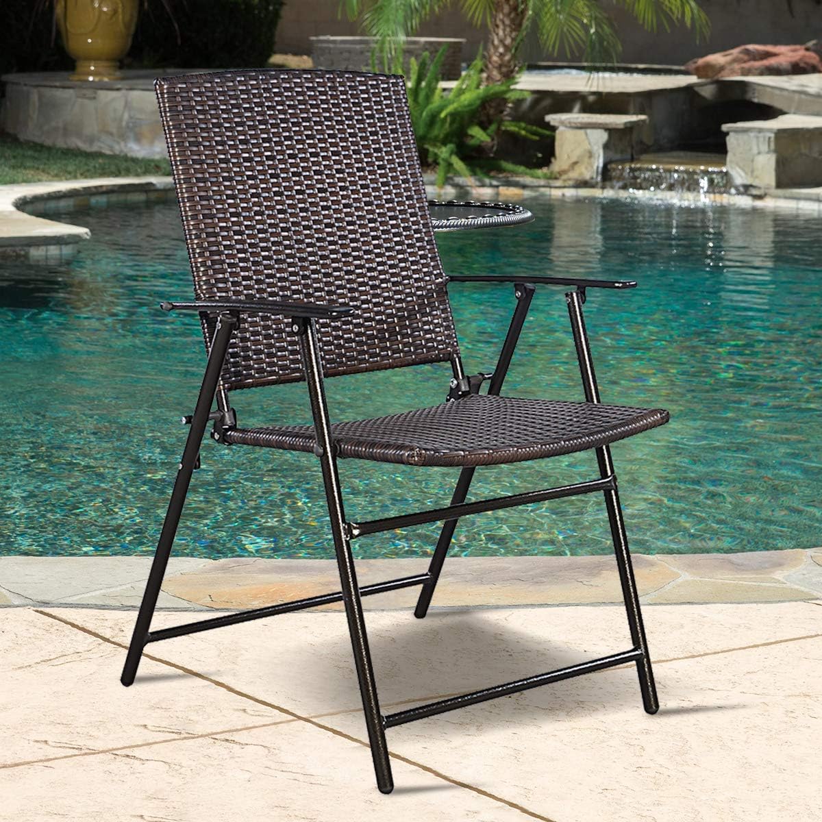 Tangkula 4 PCS Folding Patio Chair Set Outdoor Pool Lawn Portable Wicker Chair with Armrest & Footrest Durable Rattan Steel Frame Commercial Foldable Stackable Party Wedding Chair Set (24X23X37): Kitchen & Dining