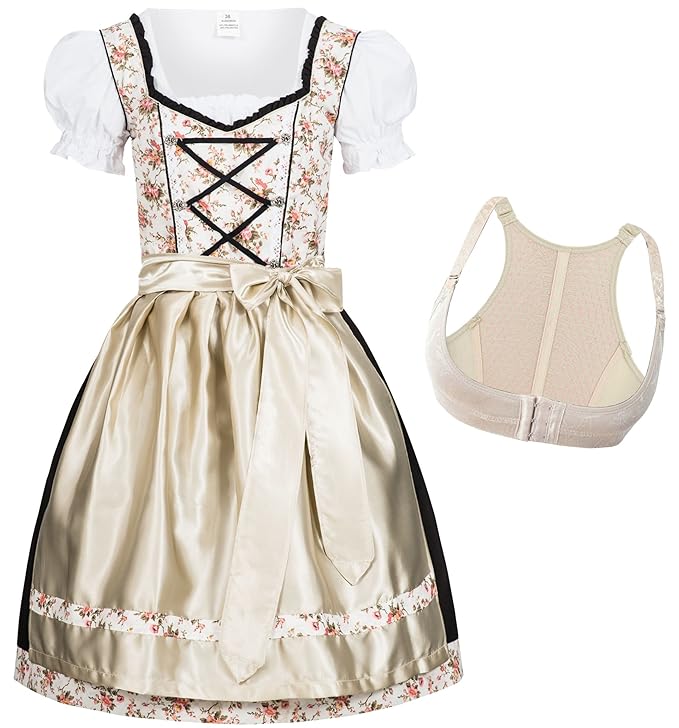 Dirndl Set 4 tlg. Trachtenkleid Babs schwarz mit Blümchenstoff bunt, Dirndlbluse, Schürze + Büstenhebe 'Push-Up', Marke Gaudi
