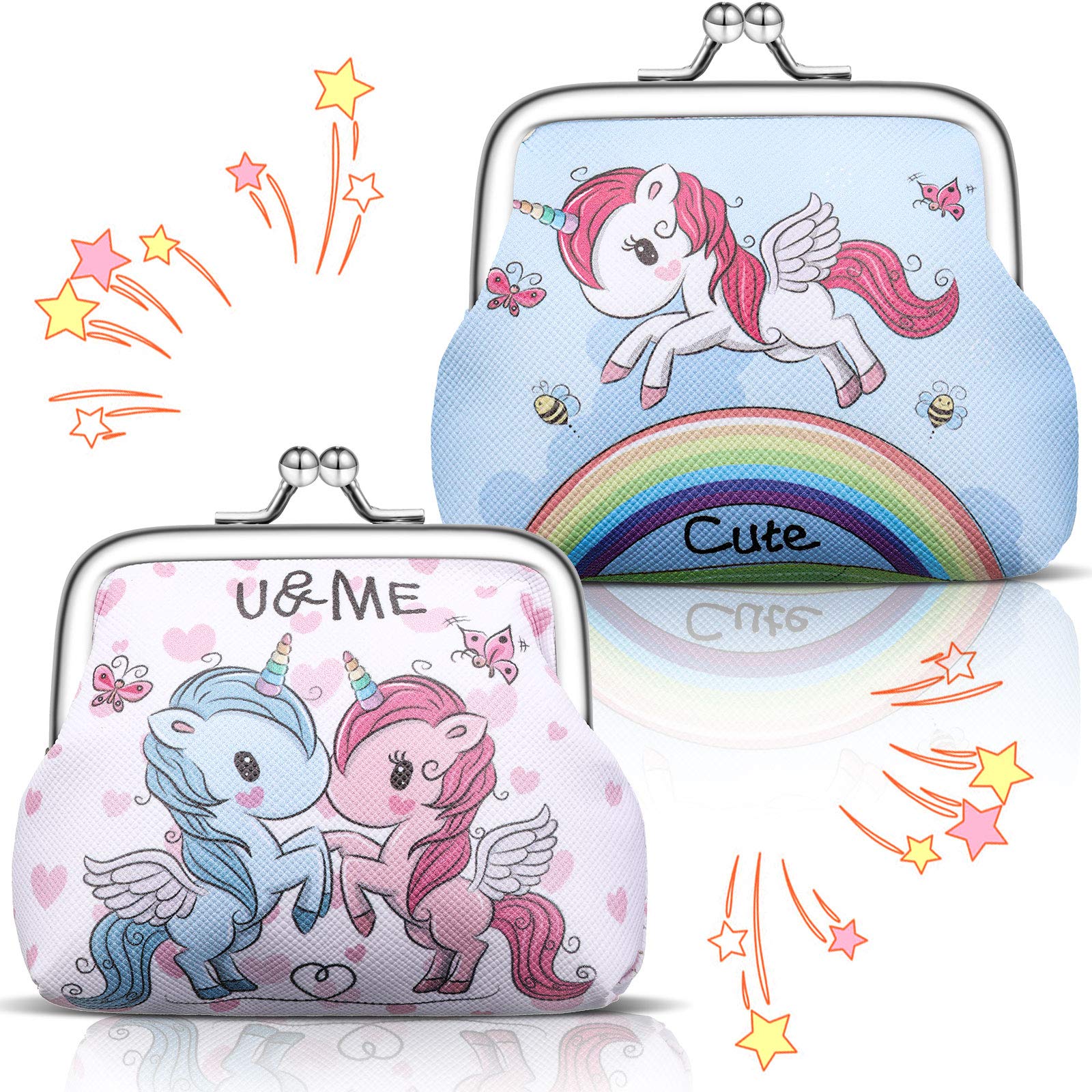 2 Pieces Girls Purses for Kids Unicorn Coin Purse, Children Faux Leather Coin Bags Portable Jewelry Pouch with Kiss Lock Cute Unicorn Rainbow Goodie Bag for Little Girls Kids Birthday Party Favors