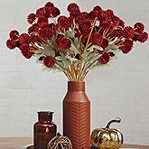 Hananona 12 Pcs Artificial Chrysanthemum Flowers, Red Kiku Pom Pom Mums Flower BurgundyFaux Floral Arrangements Wedding Centerpiece for Fall Autumn Home Kitchen Decor (12, Burgundy)