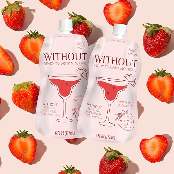 WITHOUT READY TO DRINK STRAWBERRY MARGARITA MOCKTAIL, ZERO PROOF, NON-ALCOHOLIC, MIXER, CELEBRATION, PARTY, FROZEN OR CHILLED