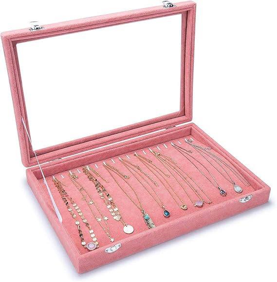 Bienser Necklace Storage Box, Velvet Clear Lid 20 Hooks Necklace Box
