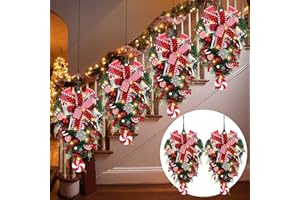 Lyrow 4 Pcs Cordless Prelit Christmas Artificial Swags 24" Xmas Stairway Swag Teardrop Trim Christmas Staircase Decoration Battery Operated Garland for Indoor Outdoor Railing Decor