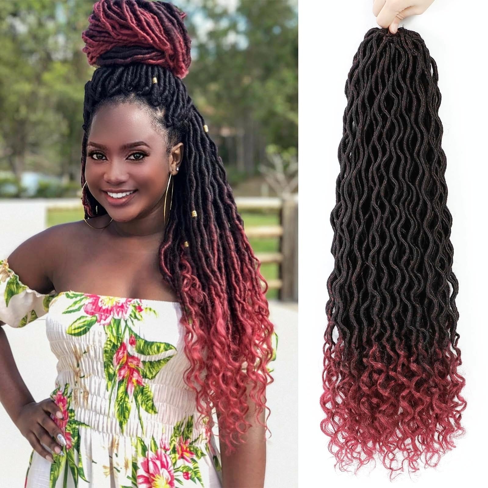 Photo 1 of 22 Inch Goddess Locs Crochet Hair Pre Looped Faux Locs Crochet Hair Ombre Burgundy Crochet Locs for Black Women Soft Faux Loc with Curly Ends(22 Inch,6 Packs,1B/BUG)