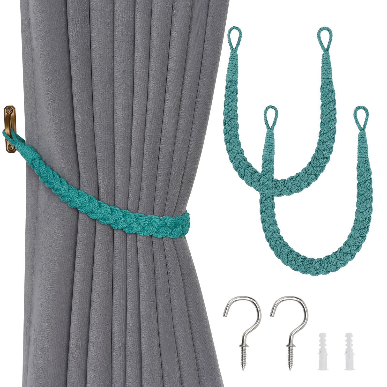 Pretty Jolly 2 Pack Natural Cotton Rope Curtain Tiebacks Elegant Boho Style Decorative Drape Tie Backs Soft Hand-Woven Rope Curtain Holdbacks with Metal Hook for Home & Office Drapery (Teal)
