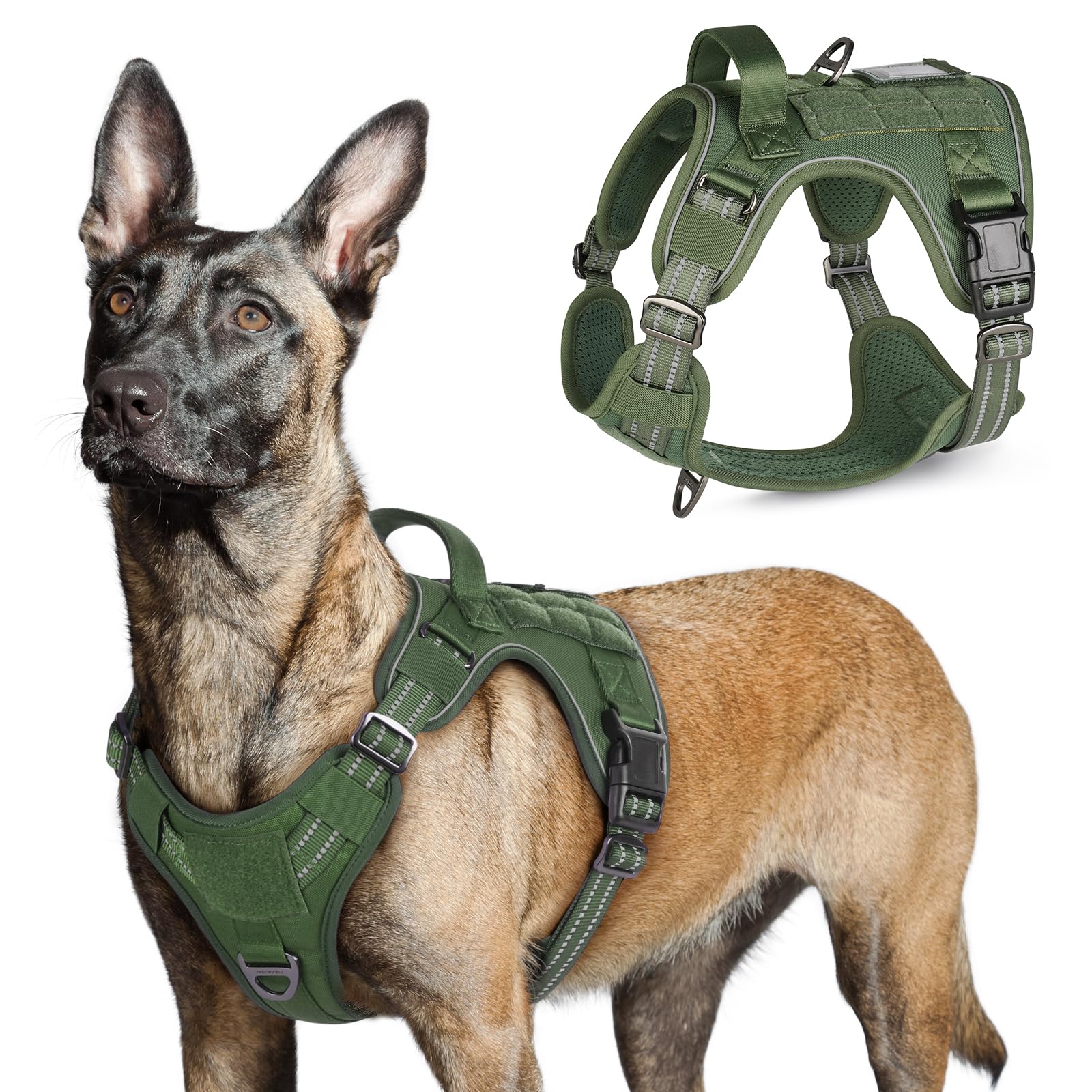 rabbitgoo Dog Harness Large Dog No Pull, Tactical Adjustable Pet Harness with Molle Panel, Breathable Military Vest, Reflective Walking Vest with Easy Control Handle for Training Walking, Green, L